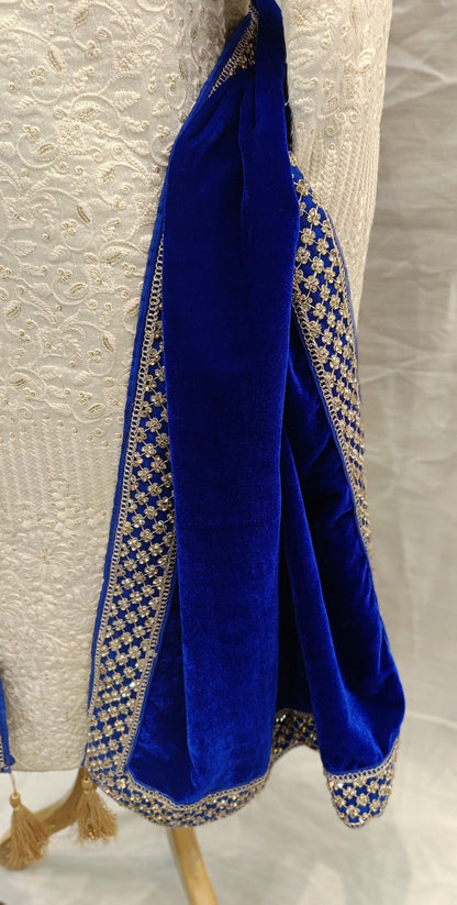 Royal Blue Velvet Groom Shawl: Indian Wedding Sherwani Dupatta