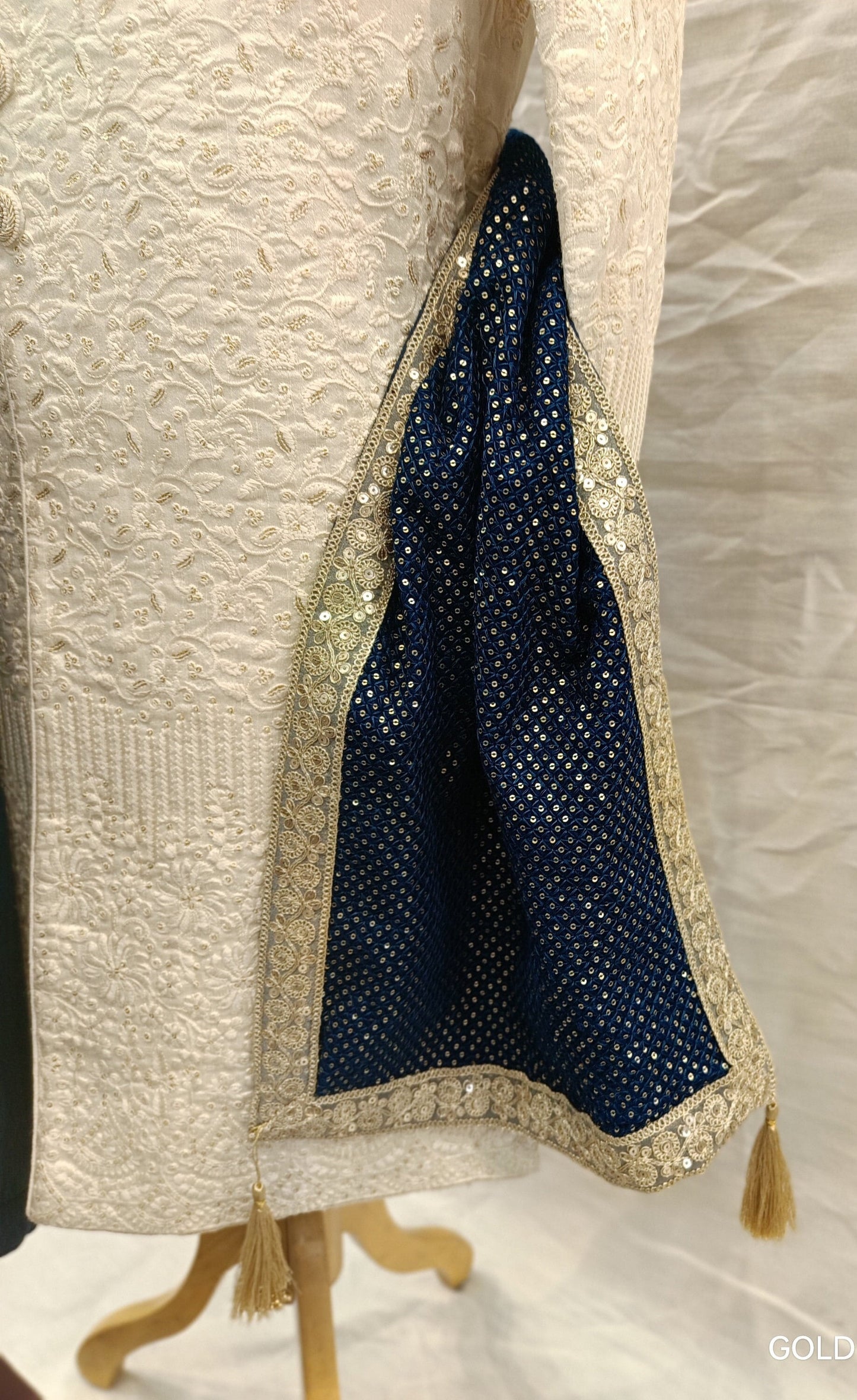 Navy Blue Velvet Turban & Shawl Set, Golden Lace Wedding Safa