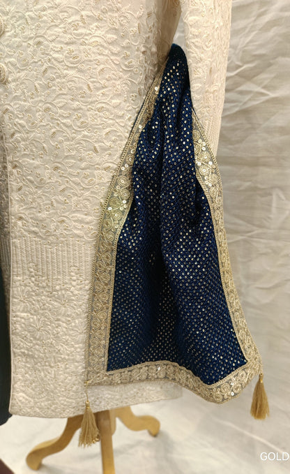 Navy Blue Velvet Turban & Shawl Set, Golden Lace Wedding Safa