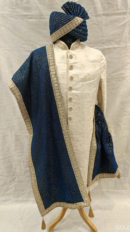 Navy Blue Velvet Turban & Shawl Set, Golden Lace Wedding Safa