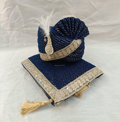 Navy Blue Velvet Turban & Shawl Set, Golden Lace Wedding Safa