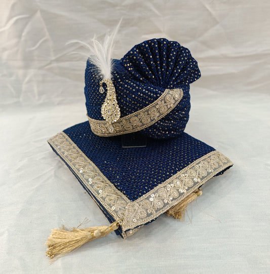 Navy Blue Velvet Turban & Shawl Set, Golden Lace Wedding Safa