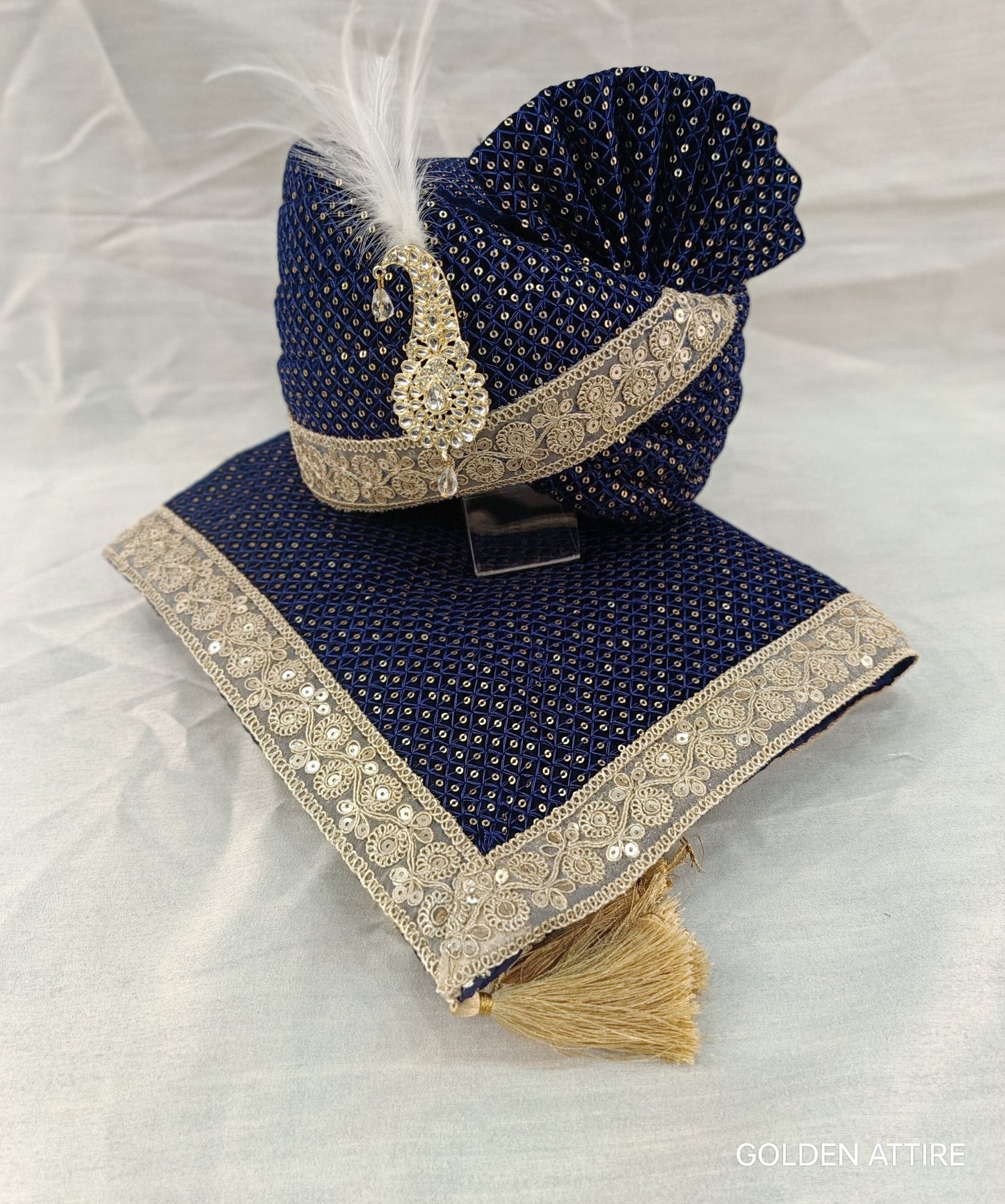Navy Blue Velvet Turban & Shawl Set, Golden Lace Wedding Safa