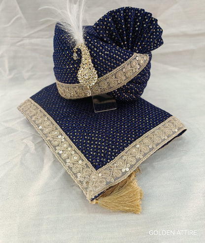 Navy Blue Velvet Turban & Shawl Set, Golden Lace Wedding Safa