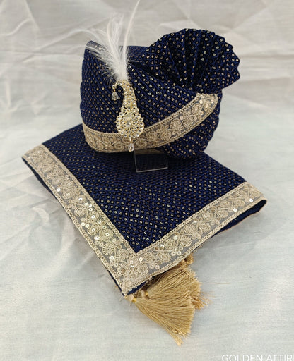 Navy Blue Velvet Turban & Shawl Set, Golden Lace Wedding Safa