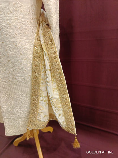 Gold Embroidered Velvet Wedding Ivory Turban & Shawl Set
