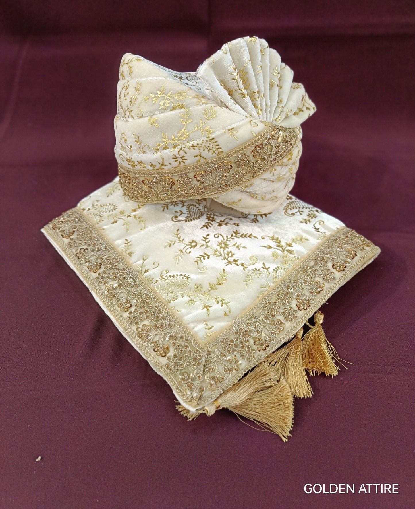 Gold Embroidered Velvet Wedding Ivory Turban & Shawl Set