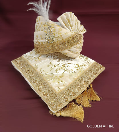 Gold Embroidered Velvet Wedding Ivory Turban & Shawl Set