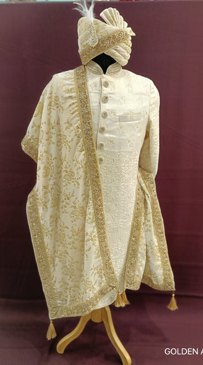 Gold Embroidered Velvet Wedding Ivory Turban & Shawl Set