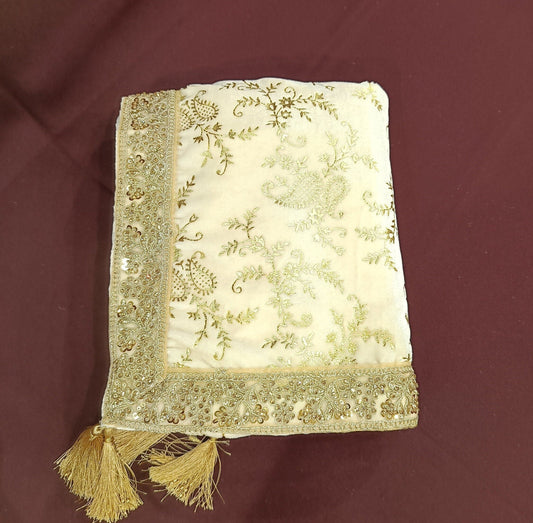 Cream Wedding Shawl for Groom: Embroidered Sherwani Dupatta