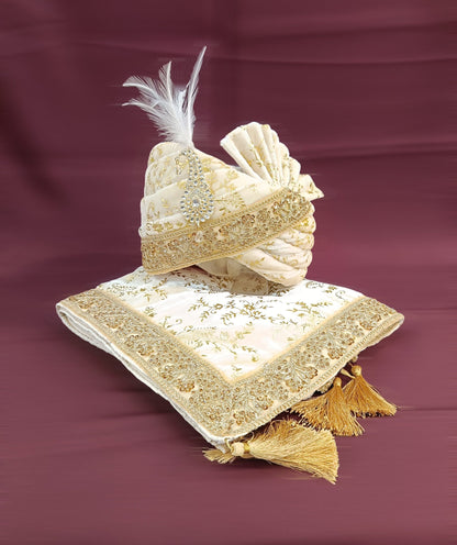 Gold Embroidered Velvet Wedding Ivory Turban & Shawl Set