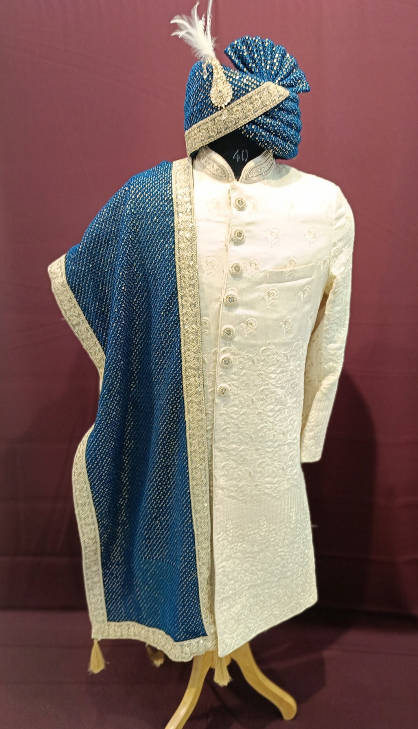 Peacock Blue Wedding Turban & Shawl Set, Adjustable Groom Safa