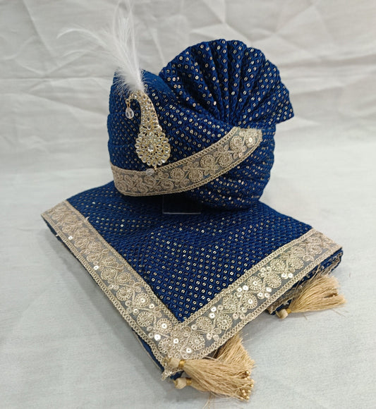 Peacock Blue Wedding Turban & Shawl Set, Adjustable Groom Safa