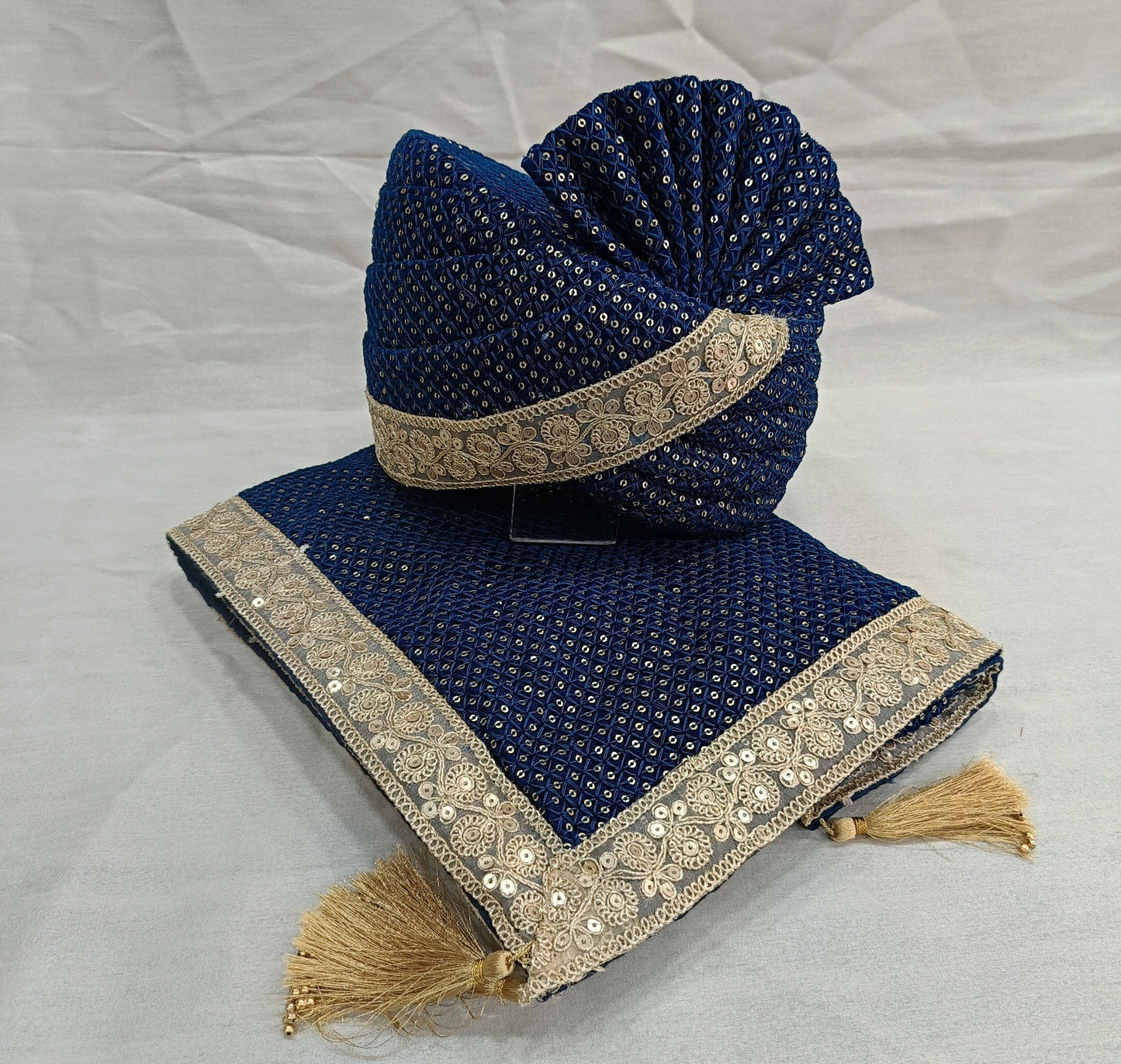 Peacock Blue Wedding Turban & Shawl Set, Adjustable Groom Safa