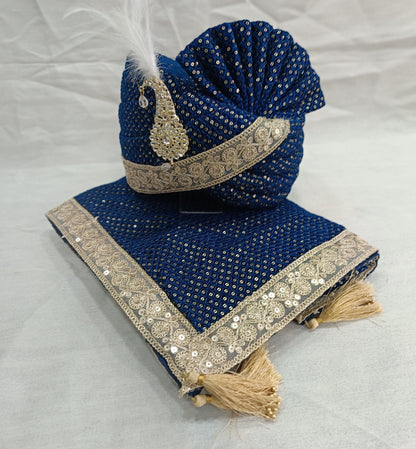 Peacock Blue Wedding Turban & Shawl Set, Adjustable Groom Safa