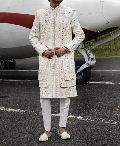 Elegant White Wedding Sherwani: Embroidered Groom Outfit