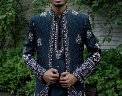 Teal Blue Indo Western Sherwani for Men: Groom Outfit