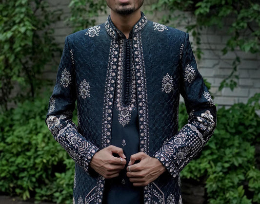 Teal Blue Indo Western Sherwani for Men: Groom Outfit