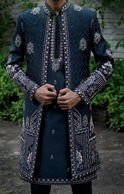Teal Blue Indo Western Sherwani for Men: Groom Outfit