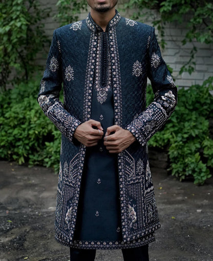 Teal Blue Indo Western Sherwani for Men: Groom Outfit