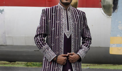 Purple Indo Western Sherwani for Men, Indian Groom Outfit