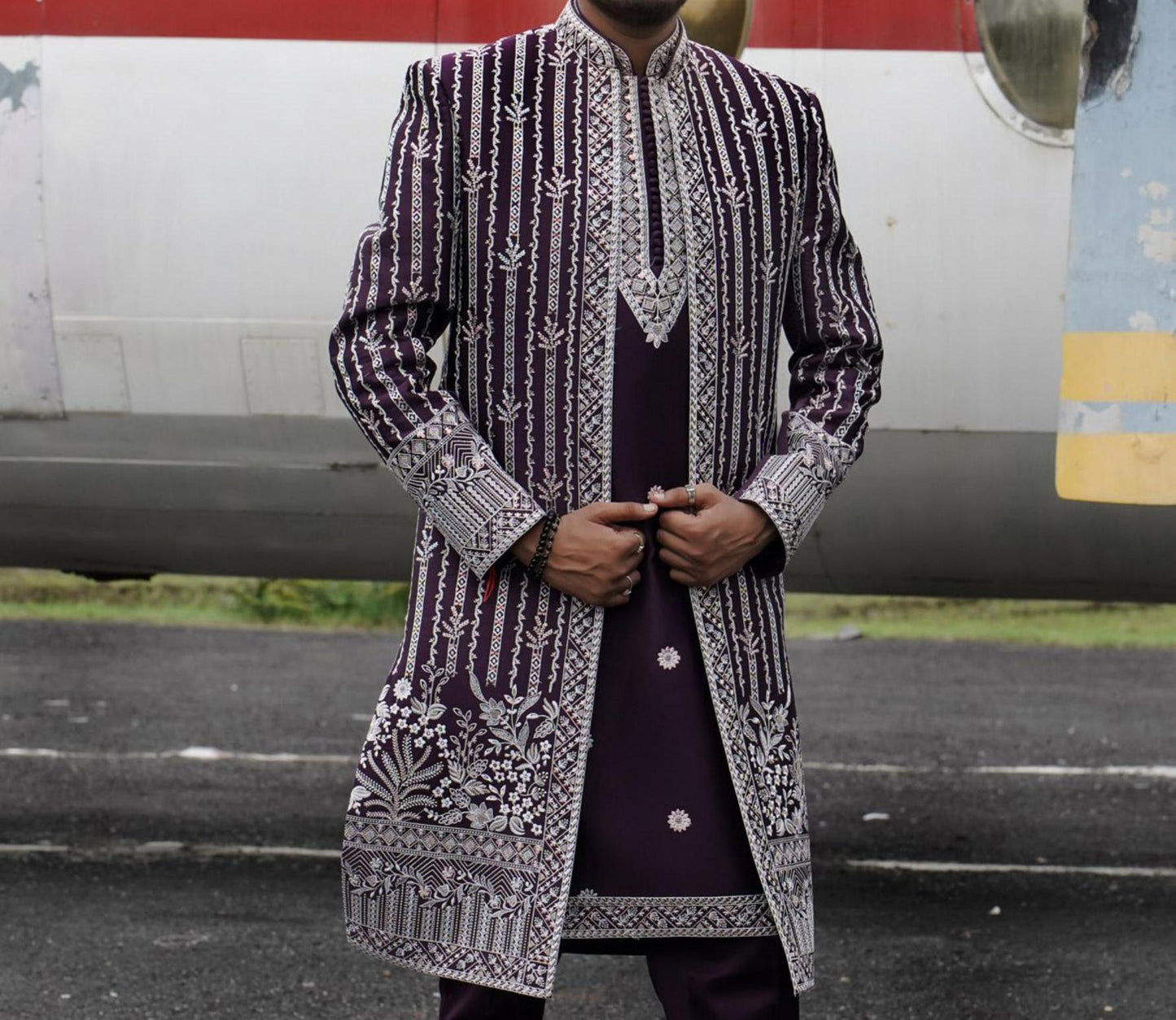 Purple Indo Western Sherwani for Men, Indian Groom Outfit