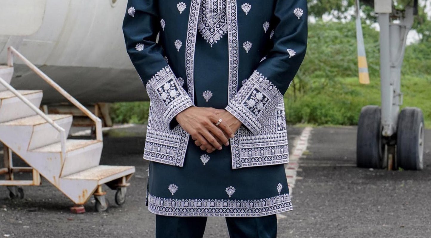 Peacock Blue Indian Groom Sherwani, Embroidered Indo Western Outfit