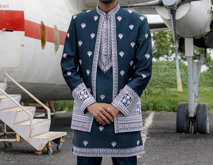 Peacock Blue Indian Groom Sherwani, Embroidered Indo Western Outfit