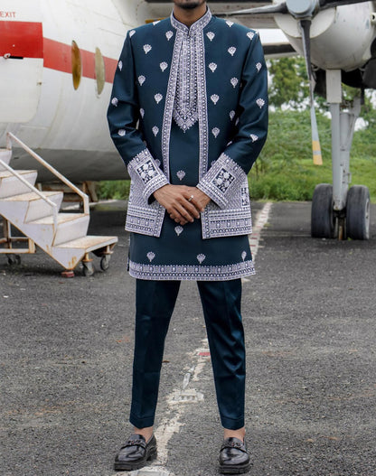 Peacock Blue Indian Groom Sherwani, Embroidered Indo Western Outfit