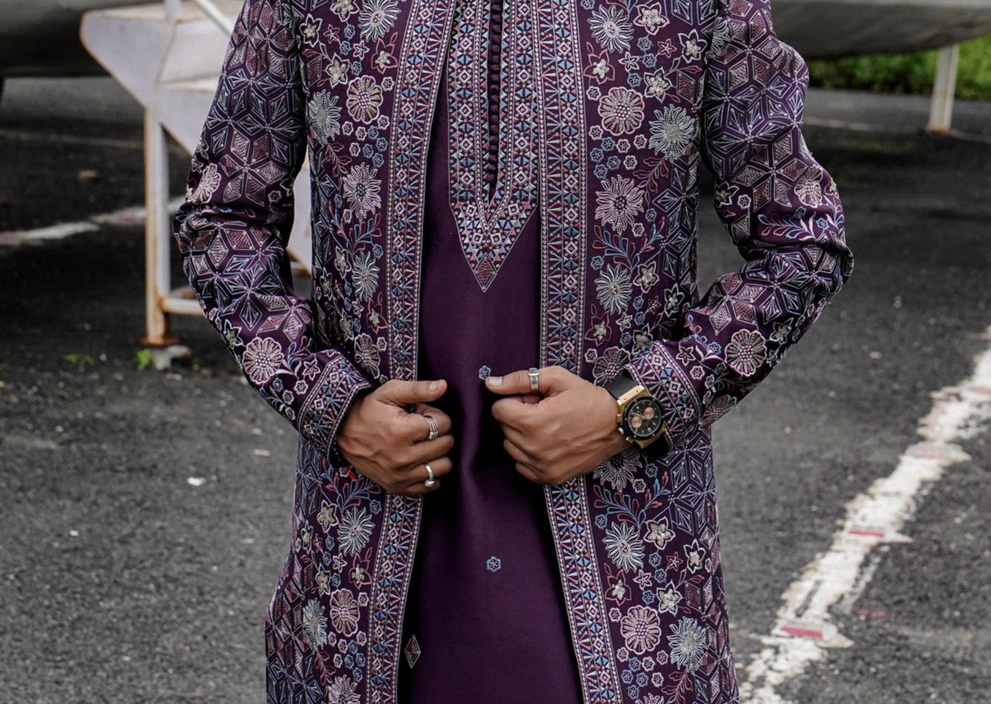 Deep Plum Shrug Sherwani for Men, Thread & Zardozi Embroidered Open Indo Western Groom Outfit