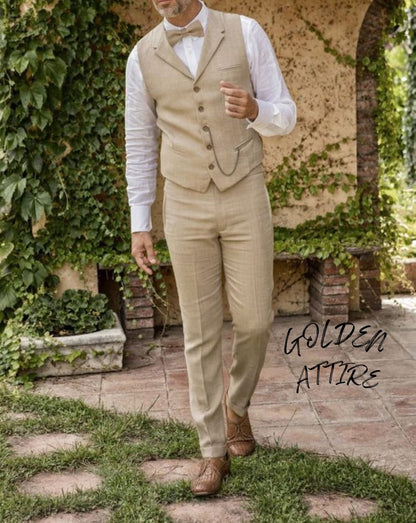 Cream Linen Suit for Men, Beige 3-Piece Two Button Bespoke Suit