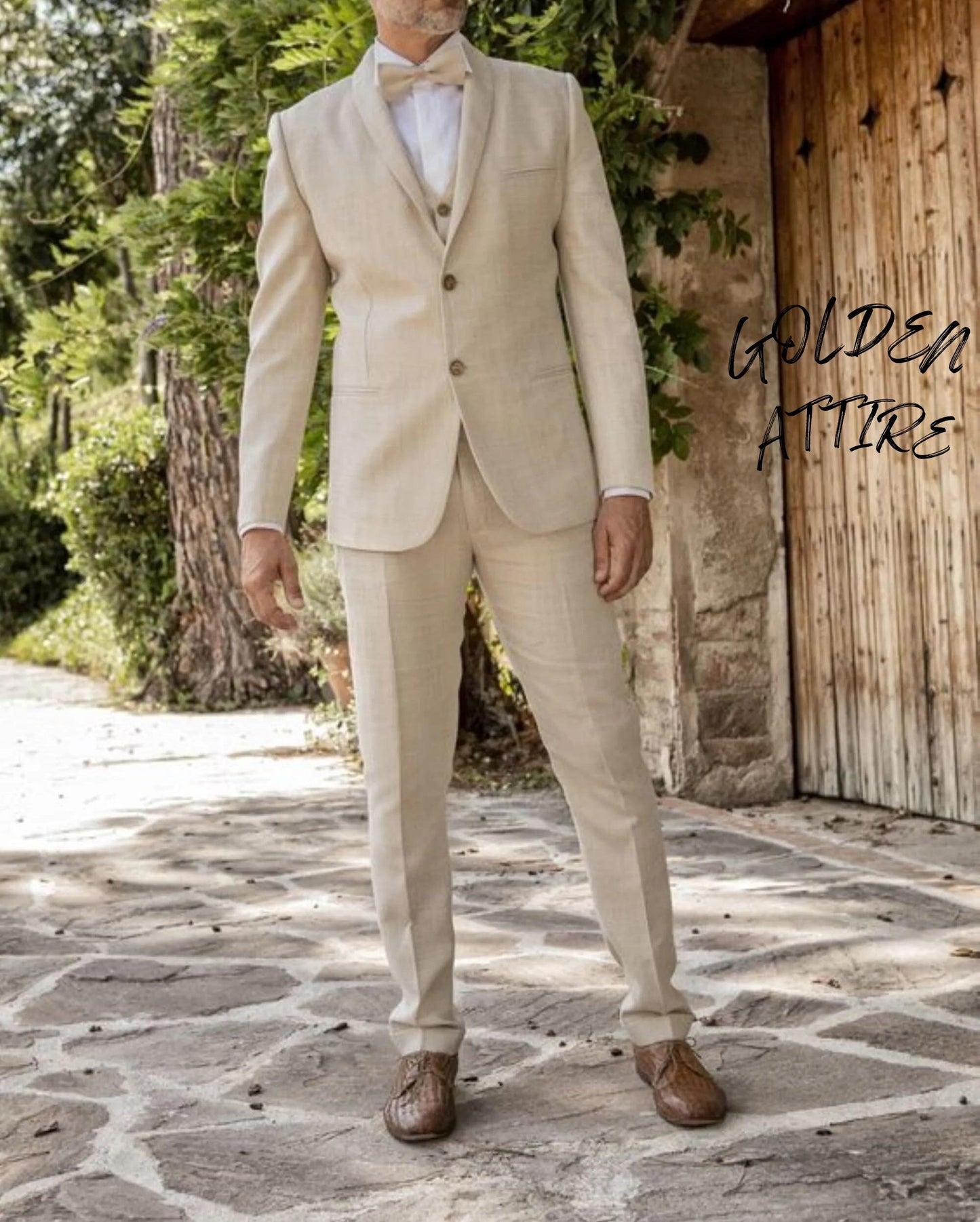 Cream Linen Suit for Men, Beige 3-Piece Two Button Bespoke Suit