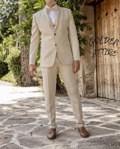 Cream Linen Suit for Men, Beige 3-Piece Two Button Bespoke Suit