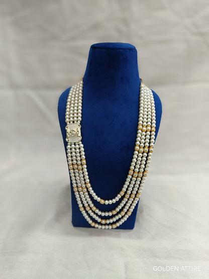 Groom's Pearl & Stone Sherwani Necklace: Wedding Jewelry, Ivory groom Kantha, Mala