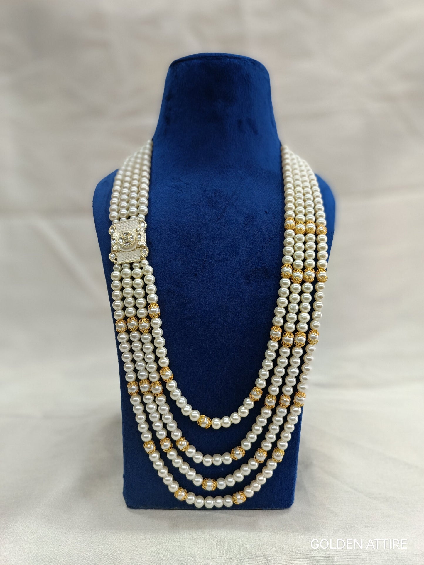 Groom's Pearl & Stone Sherwani Necklace: Wedding Jewelry, Ivory groom Kantha, Mala