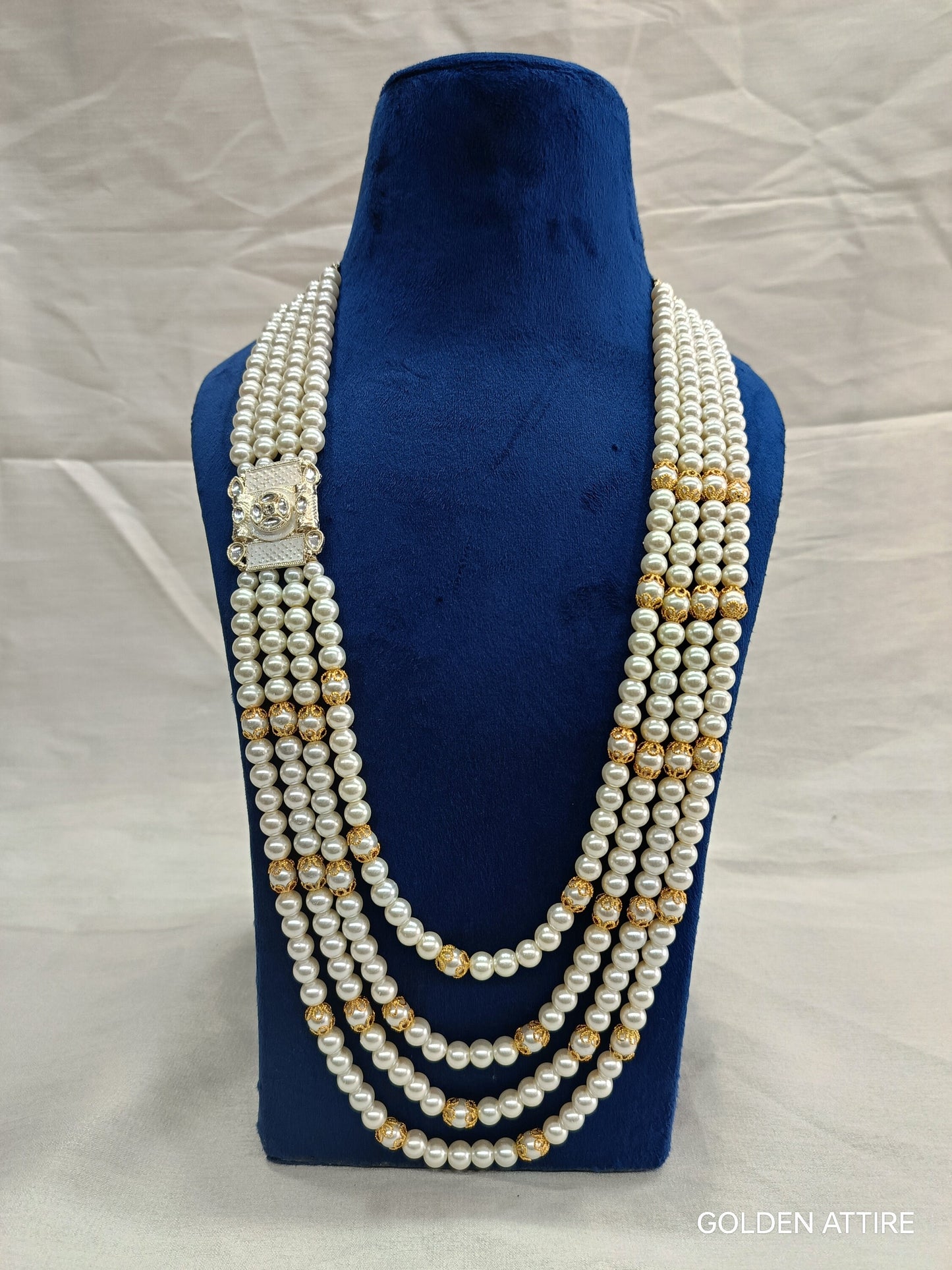 Groom's Pearl & Stone Sherwani Necklace: Wedding Jewelry, Ivory groom Kantha, Mala