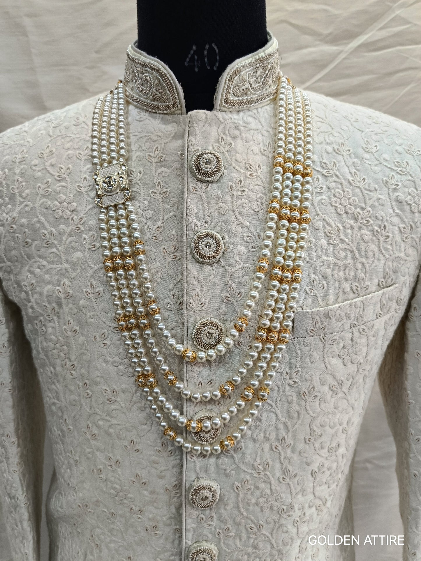 Groom's Pearl & Stone Sherwani Necklace: Wedding Jewelry, Ivory groom Kantha, Mala