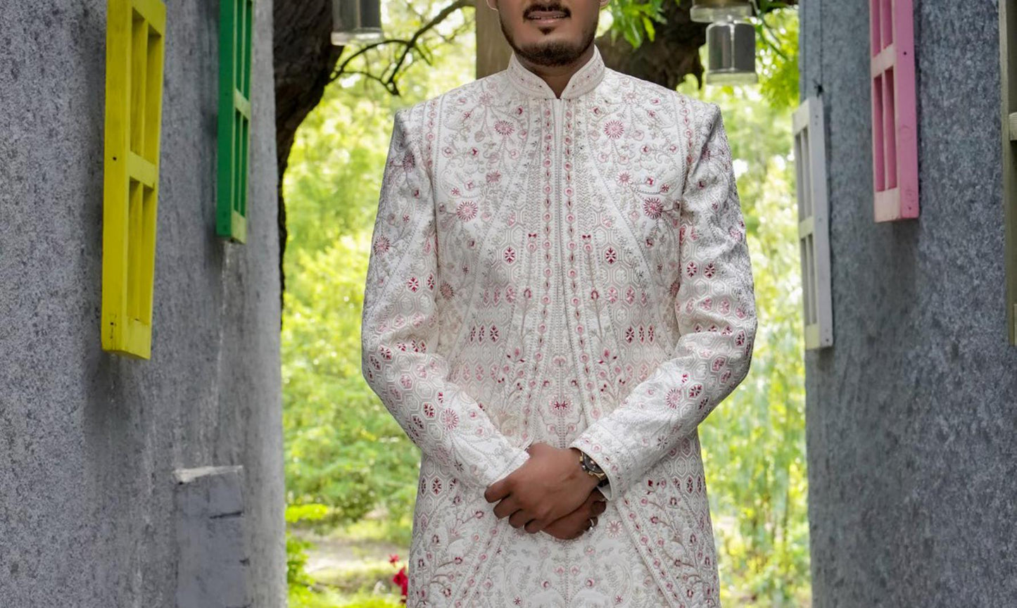 White Embroidered Sherwani, Indian Groom Wedding Outfit