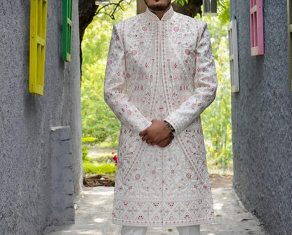 White Embroidered Sherwani, Indian Groom Wedding Outfit