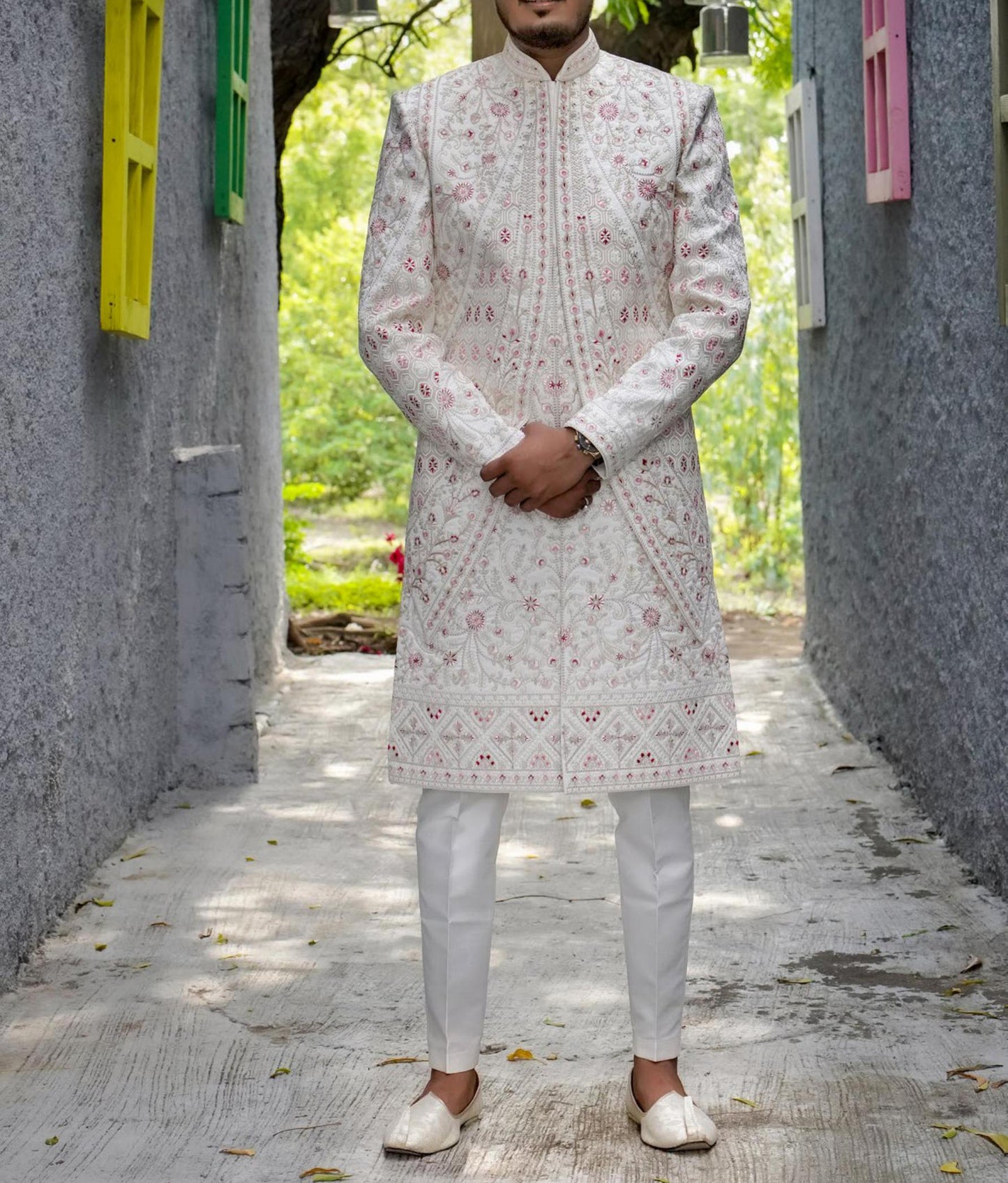 White Embroidered Sherwani, Indian Groom Wedding Outfit