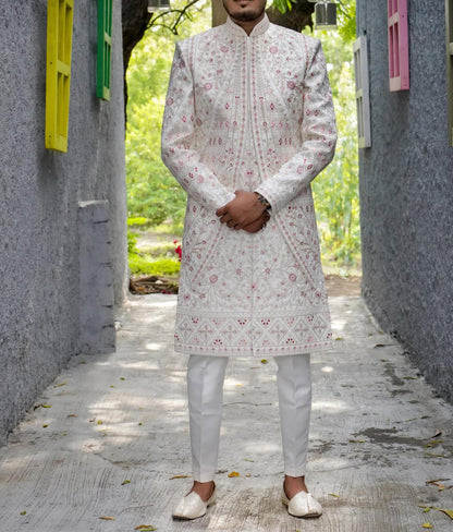 White Embroidered Sherwani, Indian Groom Wedding Outfit