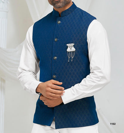 Blue Nehru Jacket for Men: Formal Wedding Groom Attire