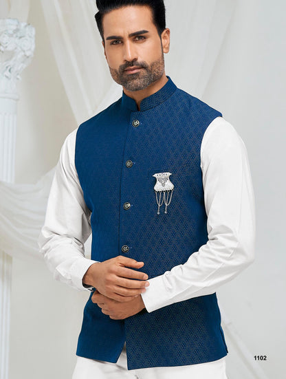 Blue Nehru Jacket for Men: Formal Wedding Groom Attire