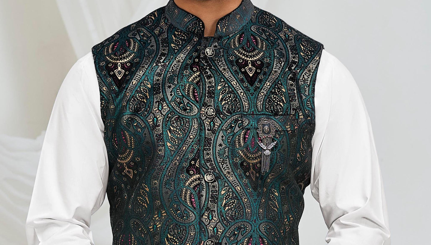 Green Printed Nehru Jacket, Men's Indian Wedding Waistcoat