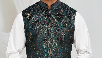 Green Printed Nehru Jacket, Men's Indian Wedding Waistcoat