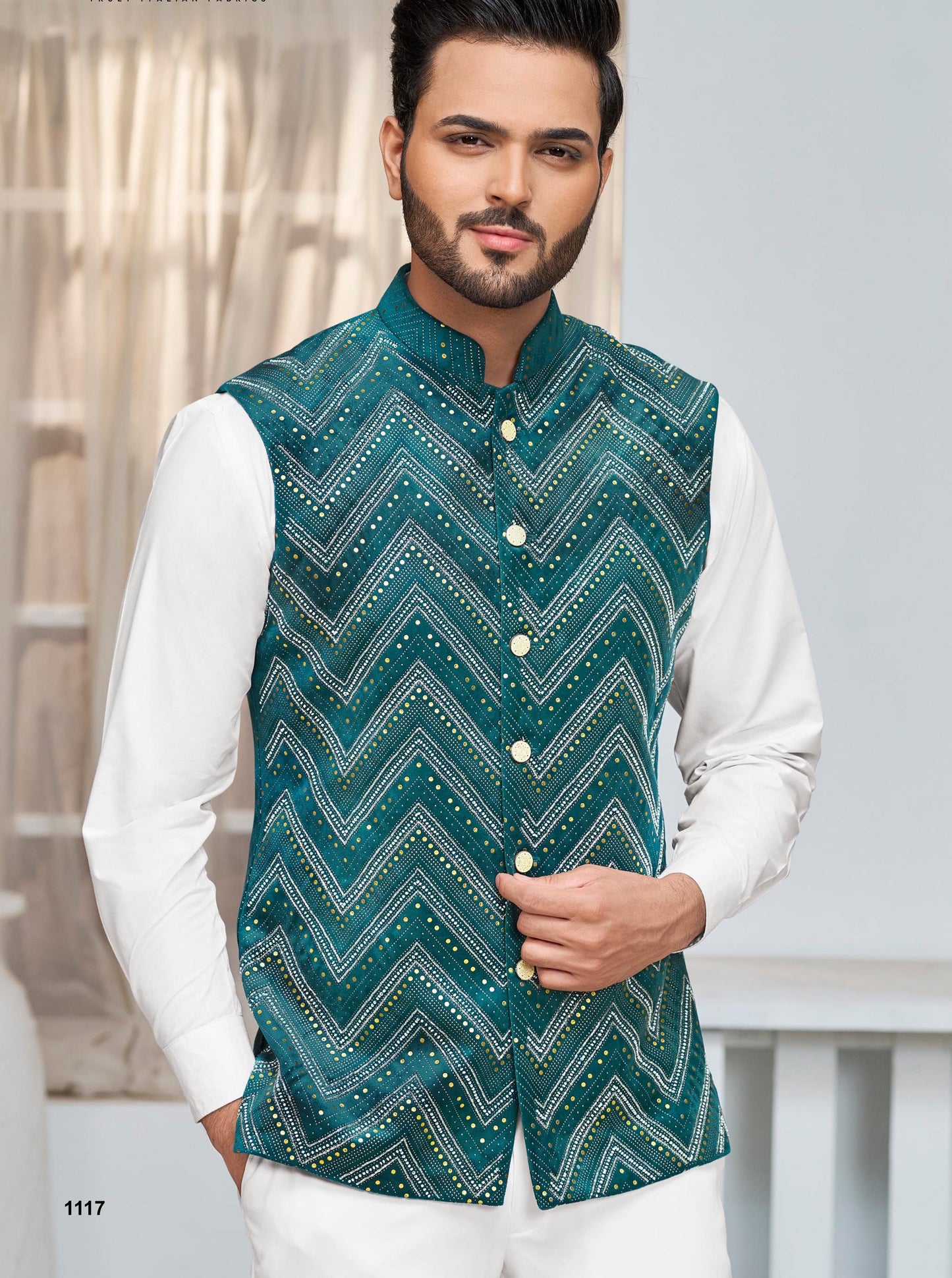 Green Print Nehru Jacket: Men's Modi Waistcoat, Groom Wedding Attire