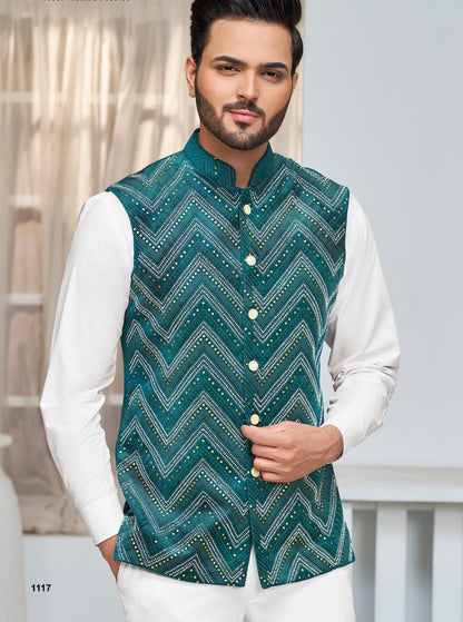 Green Print Nehru Jacket: Men's Modi Waistcoat, Groom Wedding Attire