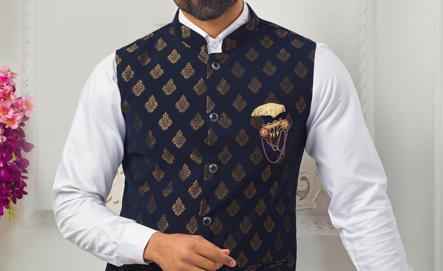 Blue Printed Nehru Jacket: Men's Modi Wedding Groom Jacket