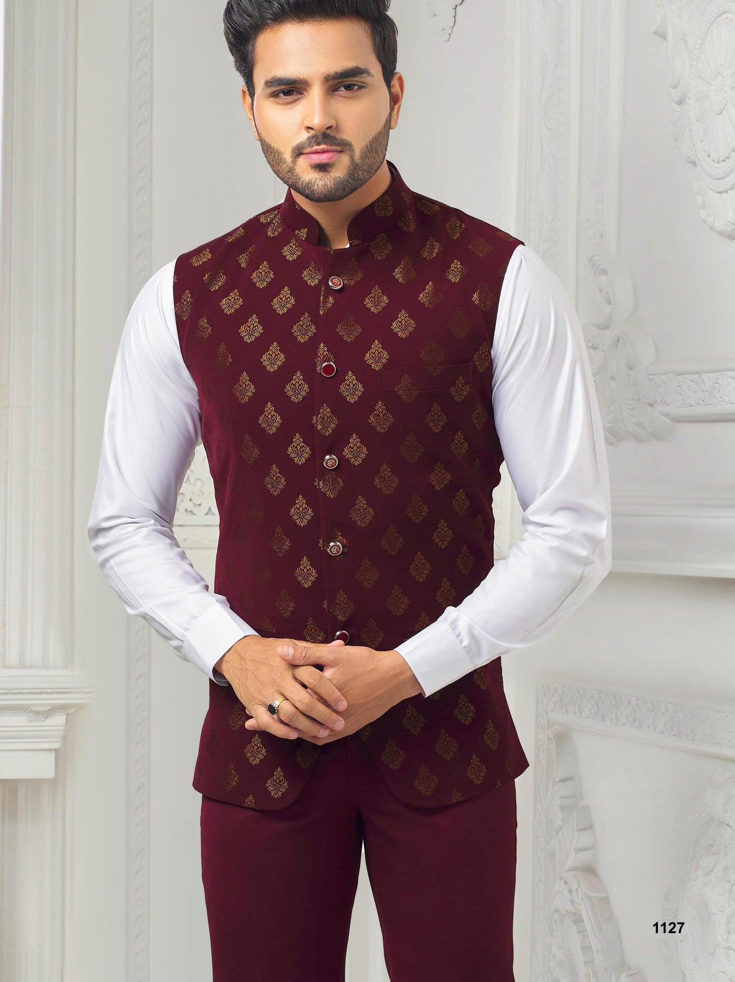 Maroon Printed Nehru Jacket: Men's Modi Waistcoat for Wedding