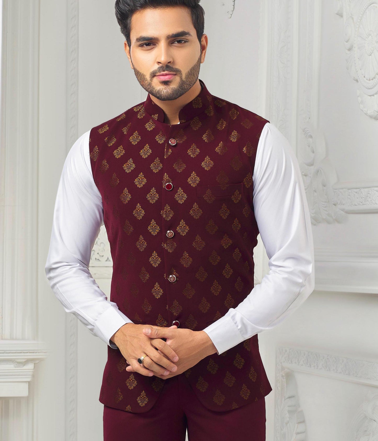 Maroon Printed Nehru Jacket: Men's Modi Waistcoat for Wedding